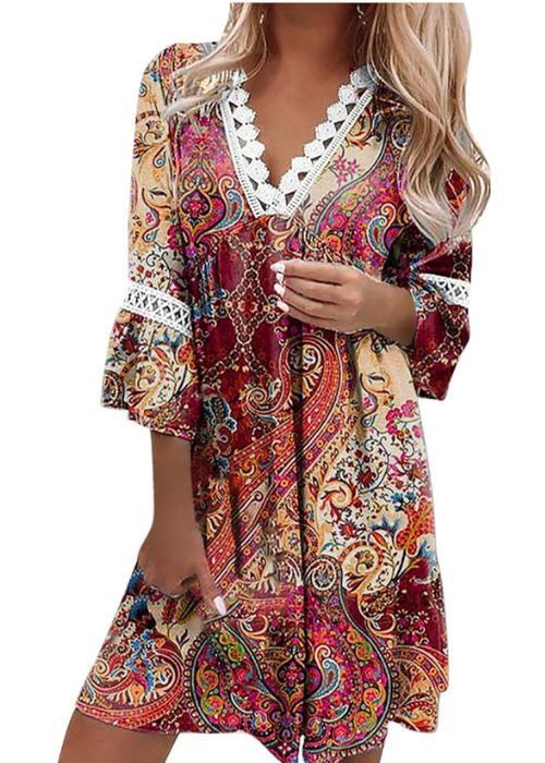 Buy V-Neck Short Sleeve Printed Lace Patchwork Bohemian Casual Midi Resort Dress Online in USA from Amazon