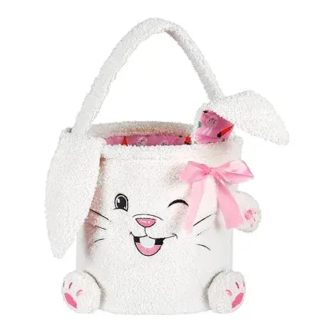 Buy Plush Bunny Easter Basket for Kids, White Fluffy Easter Buckets with Foldable Ear Online in India
