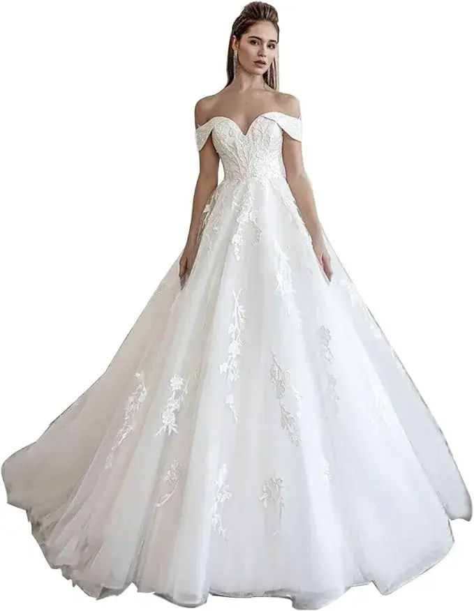 Elegant Off-Shoulder Strapless Gown with Long Tulle Train for the Bride Online in USA