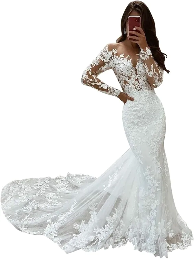 Mermaid Lace Long Sleeve Ivory Wedding Dresses Online in USA