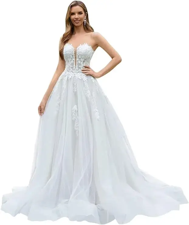 Strapless Wedding Dresses for Bride Tulle Appliques Ball Gown for Women Online in USA