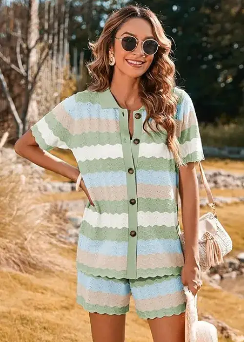 Buy Pink Queen's Striped Green Knit Shorts Set Online on Amazon USA