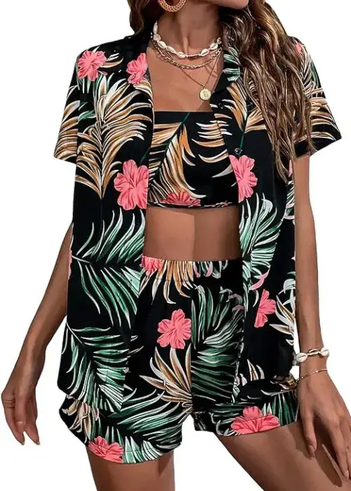 Buy Tropical Chic Floerns' 3-Piece Black Shorts Set with Tube Top Online on Amazon USA