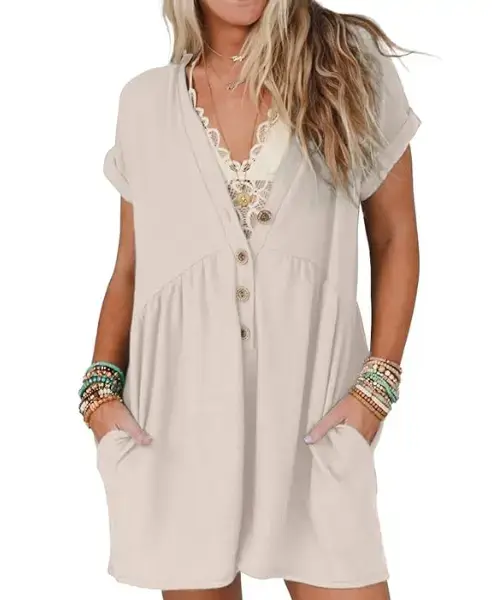 Casual V Neck Wide Leg Short Jumpsuit Button Beach Rompers Outfit With Pockets Online in USA