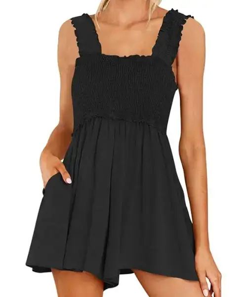 Square Collar Ruffle Straps Flowy Short Jumpsuit with Pockets Online in USA