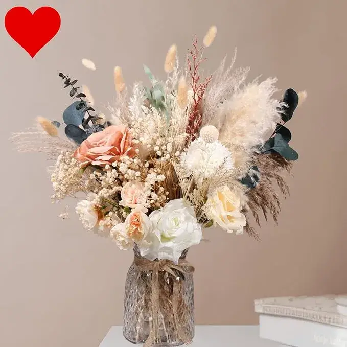 100pcs High-End Artificial Flowers & Pampas Grass with Vase Set