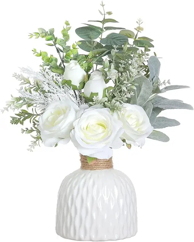 FOTEEWL White Silk Roses & Eucalyptus in Ceramic Vase on Amazon USA