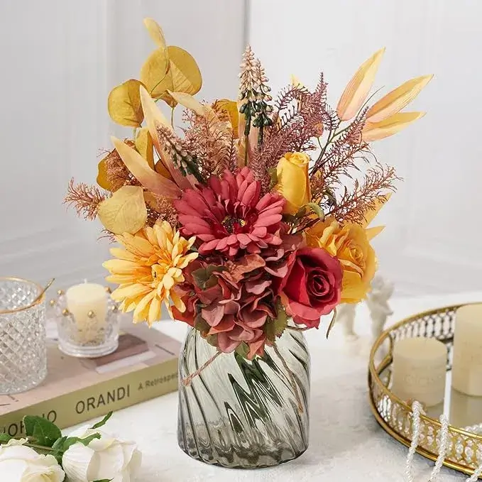 MEGLORYA Faux Silk Flowers with Vase, Autumn Red for Fall Decor on Amazon USA