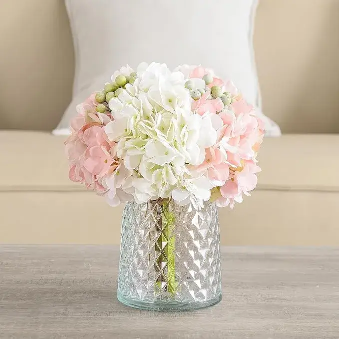 Wracra Pink Silk Hydrangea Floral Arrangement with Glass Vase on Amazon USA